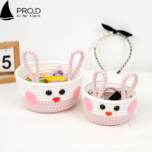 Panier tissé à grande capacité pour enfants, anti-poussière, en fil <span class=keywords><strong>de</strong></span> coton tricoté, motif lapin blanc <span class=keywords><strong>neige</strong></span>, avec poignée - Product Image 4