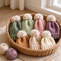 Kit de bonnet au crochet fait main, pack de matériaux de tricot DIY, chapeau d'hiver avec pompon, cadeau artisanal pour adultes et femmes