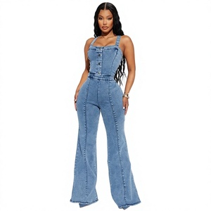 Combinaison en jean taille haute pour femme, sans manches, à fines bretelles, longueur intégrale, couleur unie, boutonnée sur le devant, style décontracté urbain, printemps - Product Image 1