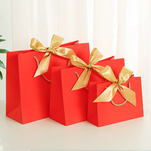 Low MOQ Luxury Red Gift Paper Bag Custom Brand Design Logo Cosmetics Jewelry <b>Clothes</b> Packing Shopping Bags with Ribbon - Product Image 1