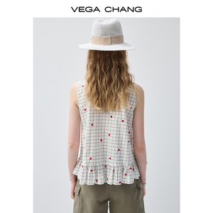 Chemisier sans manches à carreaux brodés en forme de cœur VEGA CHANG pour femme avec nœud papillon et ourlet à volants – Haut décontracté en gros - Product Image 6