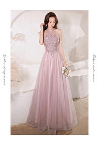 Abito da sera rosa da donna abito lungo da festa di <span class=keywords><strong>laurea</strong></span> con paillettes e perline romantici <span class=keywords><strong>abiti</strong></span> a trapezio naturali senza maniche - Product Image 4