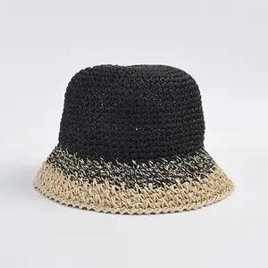 Venta al por mayor de verano nuevo cubo de paja de papel sombreros de ganchillo protección solar mujeres sombrero de paja para el sol