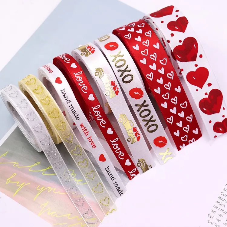 10mm 16mm 25mm valentine's day gift ribbon satin ribbon custom valentines sweet love heart printed i love you ribbon