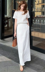 Completo Set Abito Lungo di Alta Qualità Nuovo 2026 Primavera Estate Designer Abbigliamento Donna: Top Bianco Rosa a <span class=keywords><strong>Maniche</strong></span> Corte + Gonna Lunga in Lino - Product Image 3
