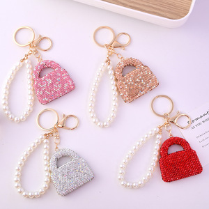 Fashion Full Diamond Mini Designer Bag Keychain Pearl Key Chains Small Bag Shaped Bling Sparkly Car Crystal Rhinestone Key Ring