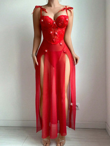 Sexy Long Dress Red Suspender Three-Dimensional Embroidery Flower Pearl Mesh High Slit Sexy Lingerie Dress for Women - Product Image 2