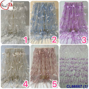 Tela de malla bordada de moda Lisami con plumas de avestruz ecológicas, lentejuelas peruanas y cuentas, 5 yardas - Product Image 5