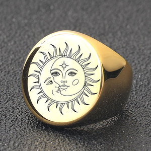 Bague ronde en acier inoxydable lisse de 22mm, design soleil et lune, bijoux pour hommes, cadeau, couleur or - Product Image 3