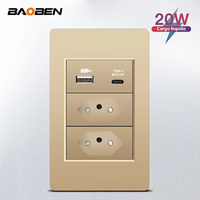 BAOBEN Panel de PC de 118*72 mm, Enchufe de Pared con 3 Puertos USB Tipo C, Tomacorriente Universal de 20 W, Gris, Negro, Blanco, Dorado