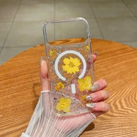 Nouvelle coque de téléphone portable en résine avec fleurs séchées et paillettes argentées pour iPhone 16 Plus 17 Pro Max, coque arrière magnétique transparente