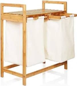 Cesto de bambú para la ropa sucia, estante de 2 secciones