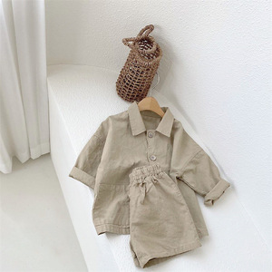 Conjunto de Dos Piezas Informal para Niños, Estilo Preppy de Verano, Camisa de Lona con Solapa y Pantalones Cortos, para Niños y Niñas, Estilo Han Fan - Product Image 2