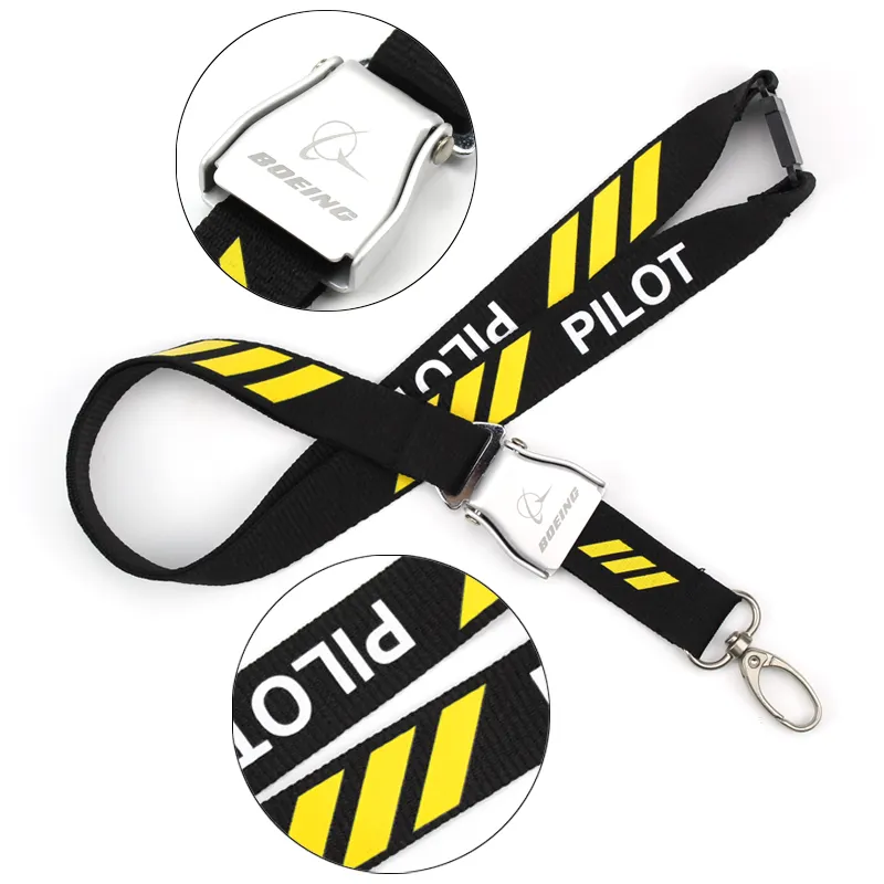 Alta qualidade aviação 3 bares amarelo cordão personalizado airbus cordão com mini seatbelt fivela