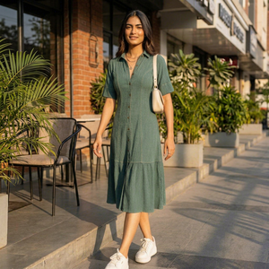 Green <b>Linen</b> Shirt Midi Dress With Turn-Down Collar For Women Featuring Lightweight <b>Fabric</b> Modern Style Comfortable Fit - Product Image 1
