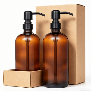 Distributeur de savon en verre ambré épais de 16 oz, forme <span class=keywords><strong>Boston</strong></span>, avec pompe en acier inoxydable noir mat - Product Image 4