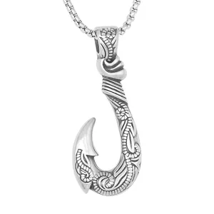 Vintage Design Viking Engraved J Shape Anchor Pendant Pingente Stainless Steel Fish Hook Pendant