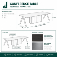 Table de conférence rectangulaire exécutive en aluminium mat et bois Deep Space avec rail de câblage et bord biseauté pour bureau