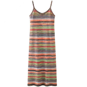 Women's Knitted Sweater Dress V Neck Spaghetti Strap <b>Long</b> Striped Cotton Maxi Dress Spring Summer Fashion - Product Image 1
