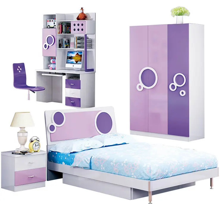 Modern prenses ucuz MDF pembe renk çocuk yatak odası mobilya takımı