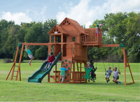 Grand ensemble de jeux d'extérieur en bois et acier avec double toboggan, toboggan en spirale et balançoires pour jardin et parc