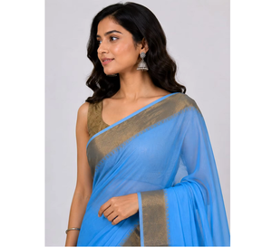 Sari de Algodón Azul de Diseño con Borde de Zari para Mujer, Tela de Algodón Suave y Cómoda, Moda Étnica Tradicional y Elegante - Product Image 2