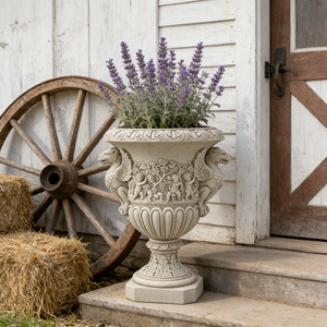 Vaso Urna in Resina con Griffone e Cherubino - Finitura Effetto Pietra, Stile Rinascimentale per Esposizioni in Cabine Rustiche e Patii di Montagna - Product Image 6
