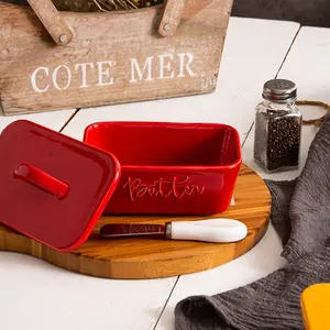 Color personalizado forma rectangular al por mayor contenedor de queso caja de mantequilla plato de mantequilla de cerámica roja con tapa