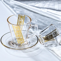 Ensemble de 3 tasses à thé turques résistantes à la chaleur avec soucoupes, design floral doré arabe, tasses à café en verre, tasses à thé et soucoupes en verre