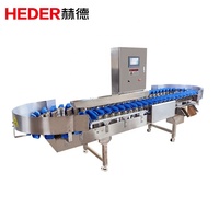 Weeg- en sorteermachine. Apparatuur voor het wegen en sorteren van oesters, kippenpoten, kippenvleugels, fruit, vlees en zeevruchten.