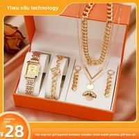 Montre-bracelet carrée en alliage style coréen, collier multicouche hip-hop pour filles, chaîne en laine, coffret cadeau de bijoux