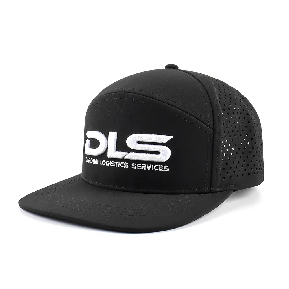 Custom Luxury Men black 7 Panel Flat Bill Waterproof Laser Cutting Hole Perforated Hat 3d Embroidery Logo Snapback Cap