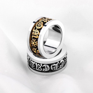 yunnique European American Retro Punk Style <b>Black</b> Gold Wide <b>Titanium</b> Steel Rotating Letter <b>Ring</b> Everyday Wear - Product Image 3