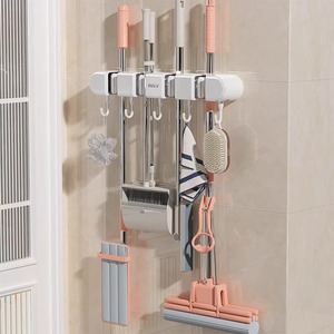 Support <span class=keywords><strong>mural</strong></span> pour balai et serpillière en plastique, fixation sans perçage pour porte de salle de bain, étagère arrière, crochet de suspension pour balai et serpillière - Product Image 2
