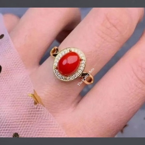 Anillo de Coral Rojo Natural, Plata de Ley 925, Gema Ovalada, Anillo Delicado de Compromiso o Promesa para Mujer - Product Image 4