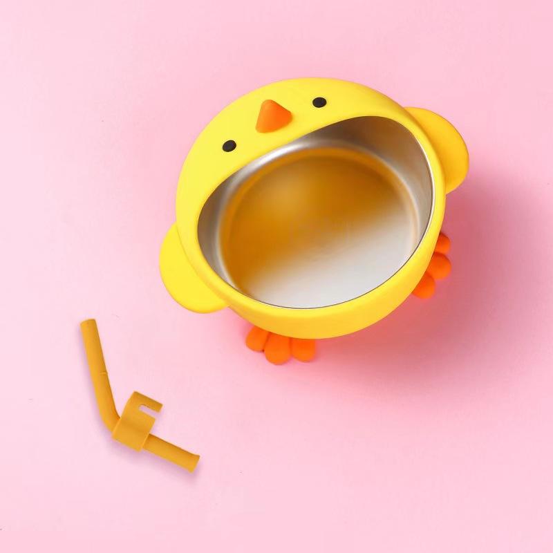 chick with stainless steel bowl