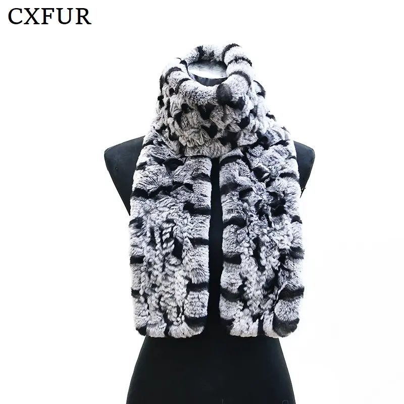 CX-S-217A Unisex Winter Warm Furry Knitted Real Rex Rabbit Fur Long Scarf