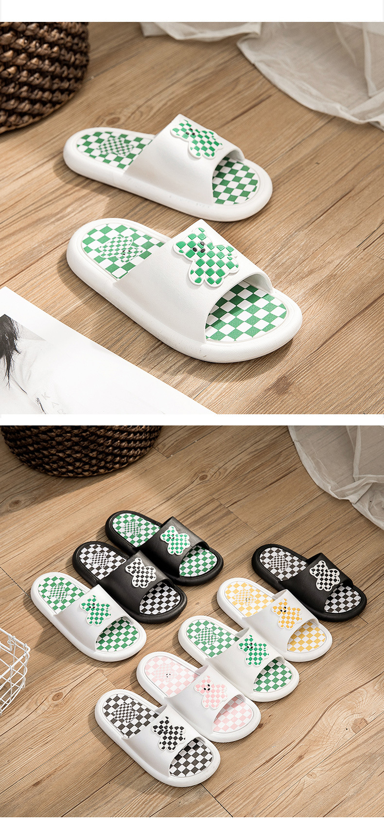 New Chess Plaid Bear Couple Slippers Outdoor Indoor Non-slip Soft Sole Girl Slippers Men