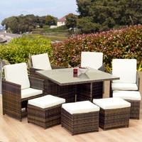 Ensemble de mobilier de restaurant d'extérieur en rotin classique de luxe, 10 places, chaises longues en osier, tables à manger