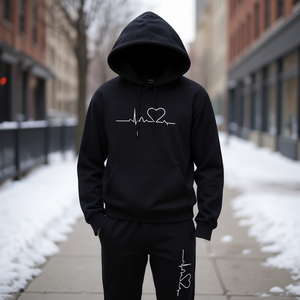 Conjunto Deportivo Reklo Industries Heart Beat Love, Sudadera con Capucha y Pantalones de Felpa Negros, Ropa Deportiva Informal de Invierno para Hombre - Product Image 2