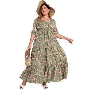 Vestidos de Mujer Talla Grande SQ0217, Estilo Bohemia de Verano, Sexy, Cuello en V, Estampado Floral, Casual, Maxi, con Abertura - Product Image 6