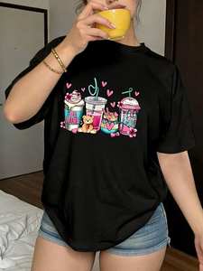 T-shirt pour femme pour la Saint-Valentin, imprimé tasse de café, coupe ample, manches courtes, col rond, décontracté, été, 100% coton - Product Image 3