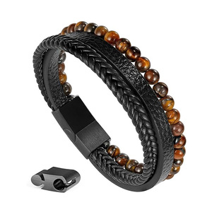 Men's Natural Stone <b>Beaded</b> Bracelet Black Blue <b>Braided</b> Leather Multi Layered Bangle Everyday Wear 7.5in 8.5in 9in - Product Image 3