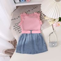 Conjunto de Ropa de Verano para Niña 4T, Chaleco de Algodón de Color Sólido con Encaje y Falda Vaquera, Nuevo Modelo de Comercio Exterior Transfronterizo