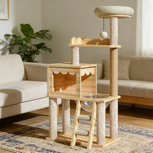 Arbre à chat moderne <span class=keywords><strong>de</strong></span> luxe en bois, maison pour animaux <span class=keywords><strong>de</strong></span> compagnie avec structure d'escalade, bac à litière, motif animal contemporain, griffoir pour chats - Product Image 1