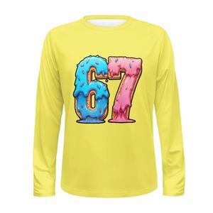 T-shirt a maniche lunghe con grafica 67 Donut per uomo e donna - Abbigliamento streetwear alla moda, diversi colori (giallo/arancione/blu) - Product Image 1