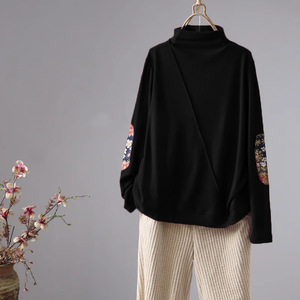 Women Fleece High Neck Top Black Coffee Gray Splicing Design Autumn Winter Wear - Product Image 3