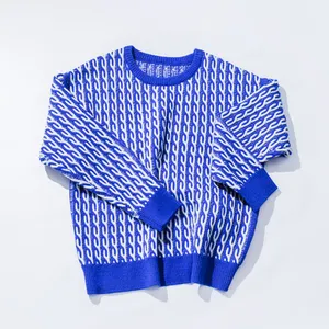 여성용 크루 넥 풀오버 화이트 트위스트 스웨터 가을 꽃 패턴 블루 화이트 니트 겉옷에 캐주얼 긴 소매