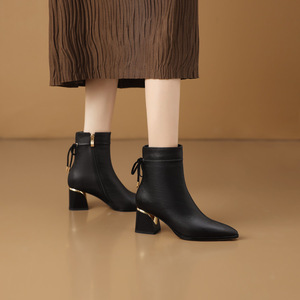 Bayanlar sonbahar moda hakiki deri inek deri kayma-on Tan sivri burun tıknaz topuk yarım çizmeler - Product Image 6