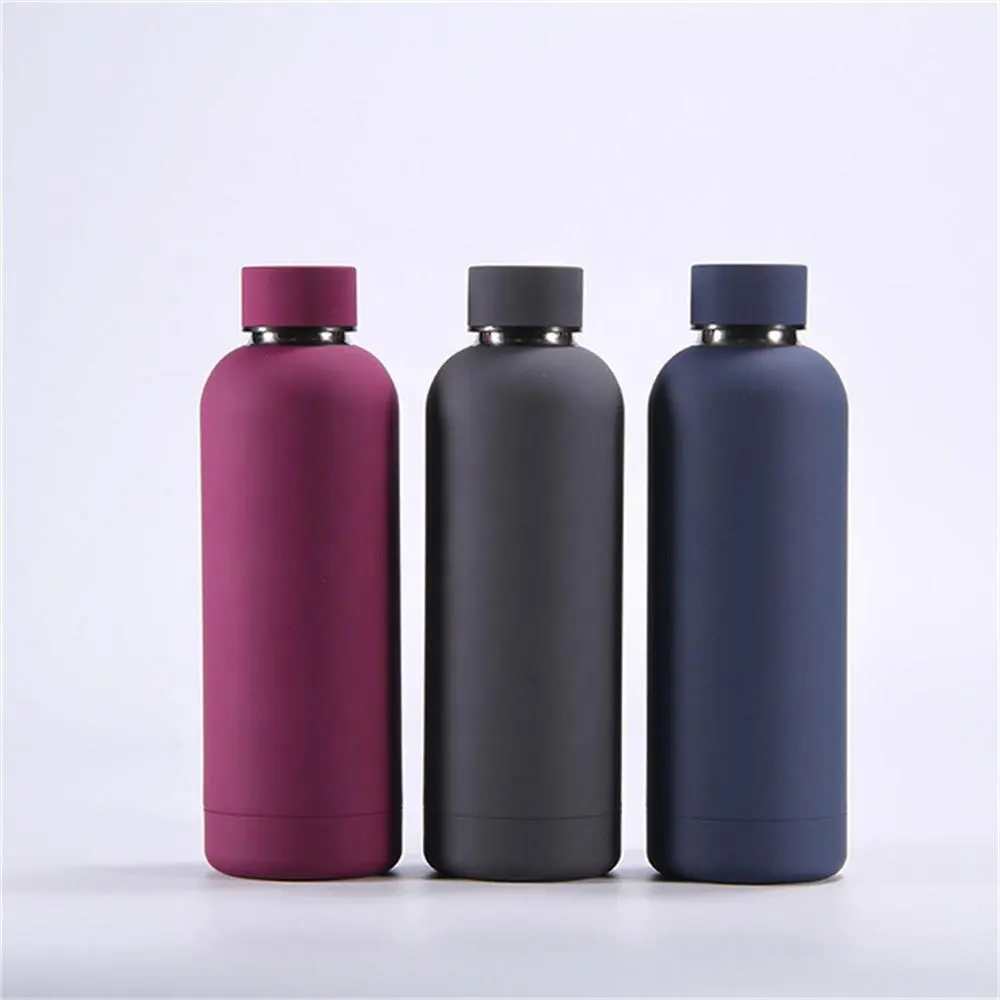 Custom Kleurrijke Double Wall Thermo Fles 500Ml Rvs Rubber Matte Verf Outdoor Kleine Mond Fles Water